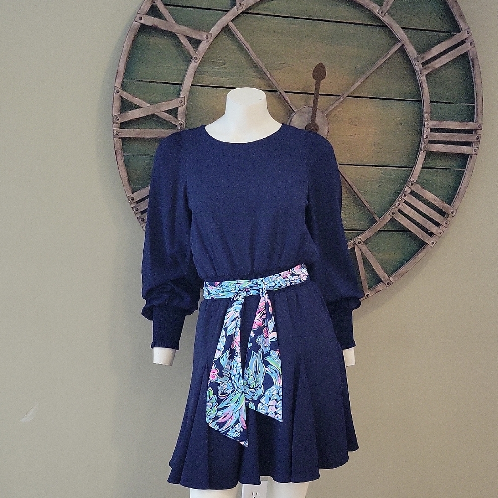 Lilly Pulitzer Lorella Stretch Dress Elegant Navy Dress with Floral Belt